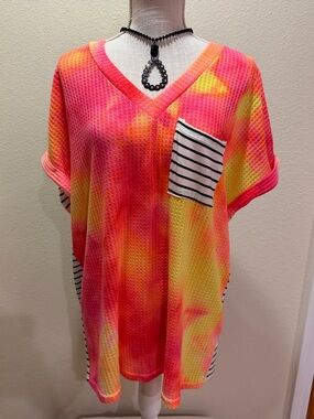 NWT LOVELY MELODY Neon Tie-Dye V-Neck Tunic with Striped Pocket